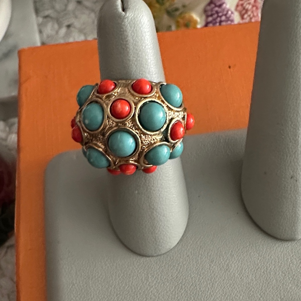 Turquoise and Coral Statement Ring